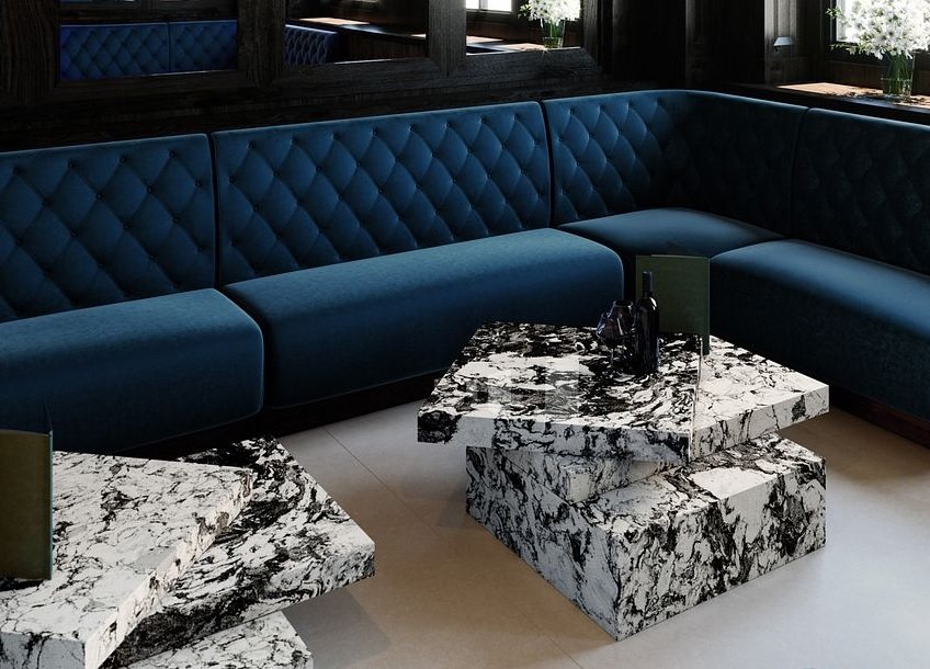 teal and stone seating area